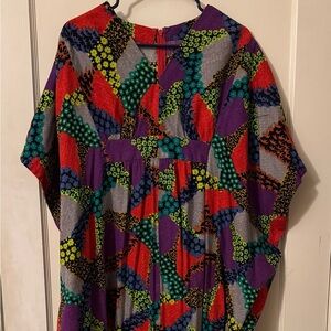 Vintage Colorful Geometric Patterned Psychedelic 70s Maxi Dress Caftan